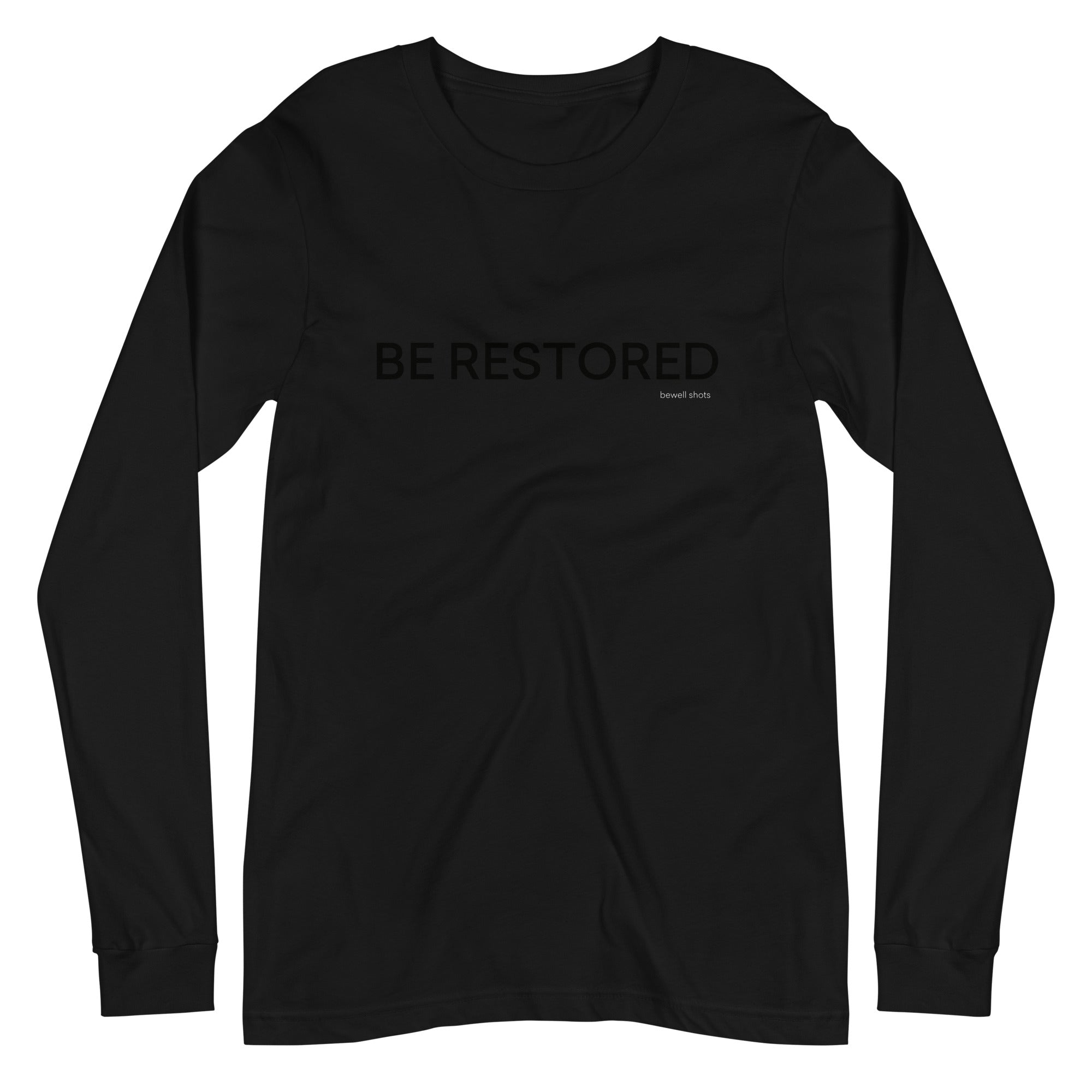 Bewell wellness shots unisex long sleeve tee black front 64